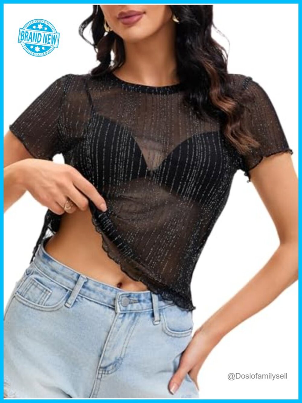 Sheer Mesh Glitter Short Sleeve Crew Neck See Through Layering Top